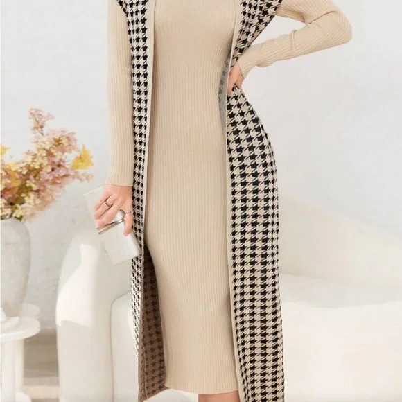 Beige and Black Houndstooth Long Cardigan Dress - Picture 4 of 14